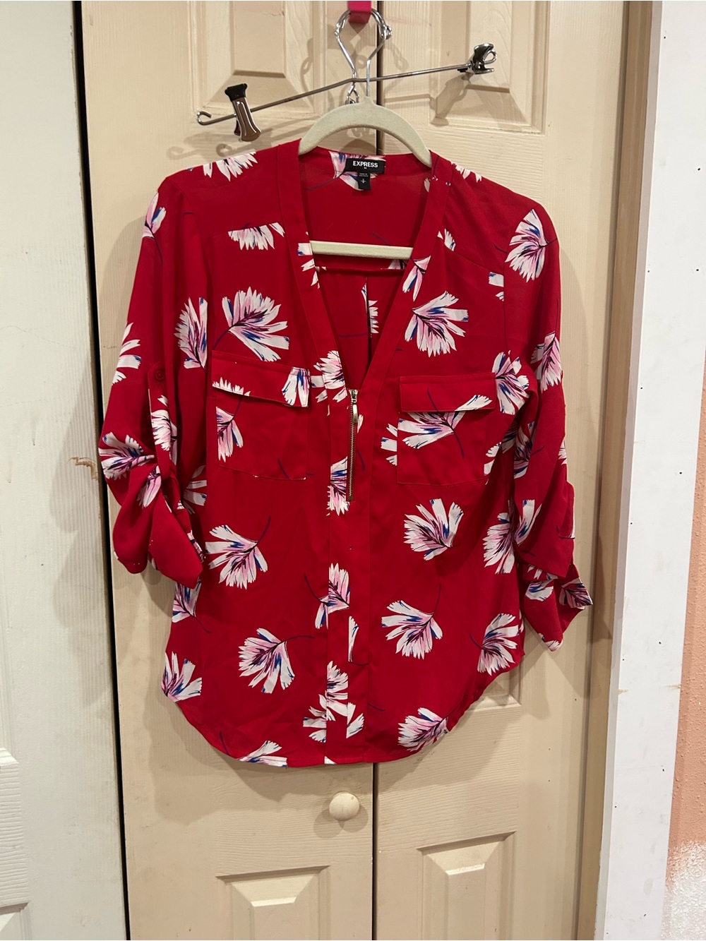 Express Red Floral V-Neck Blouse